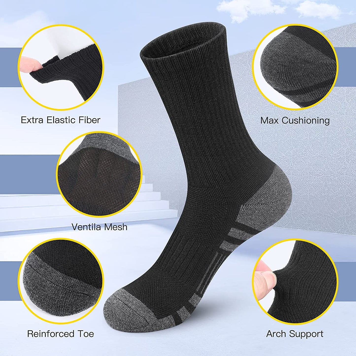 Athletic Socks, Cushioned Running Socks Performance Breathable Crew Socks Wicking Outdoor Sports Socks for Men Women(6 Pairs)