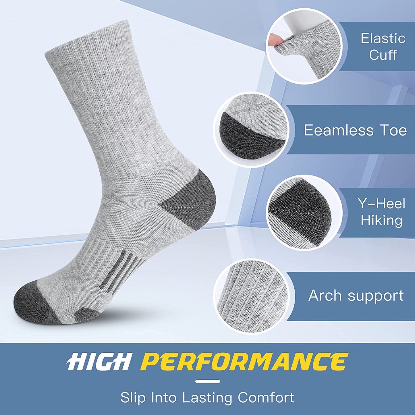Athletic Socks, Cushioned Running Socks Performance Breathable Crew Socks Wicking Outdoor Sports Socks for Men Women(6 Pairs)