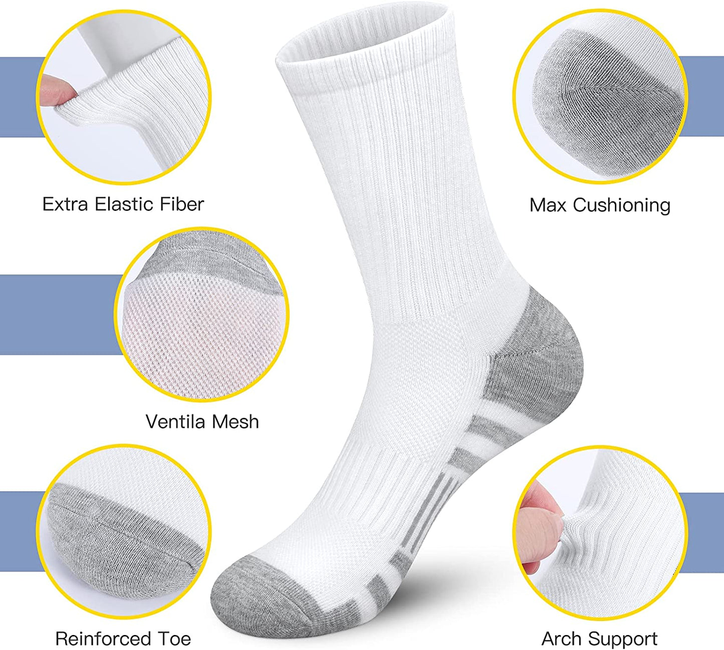 Athletic Socks, Cushioned Running Socks Performance Breathable Crew Socks Wicking Outdoor Sports Socks for Men Women(6 Pairs)