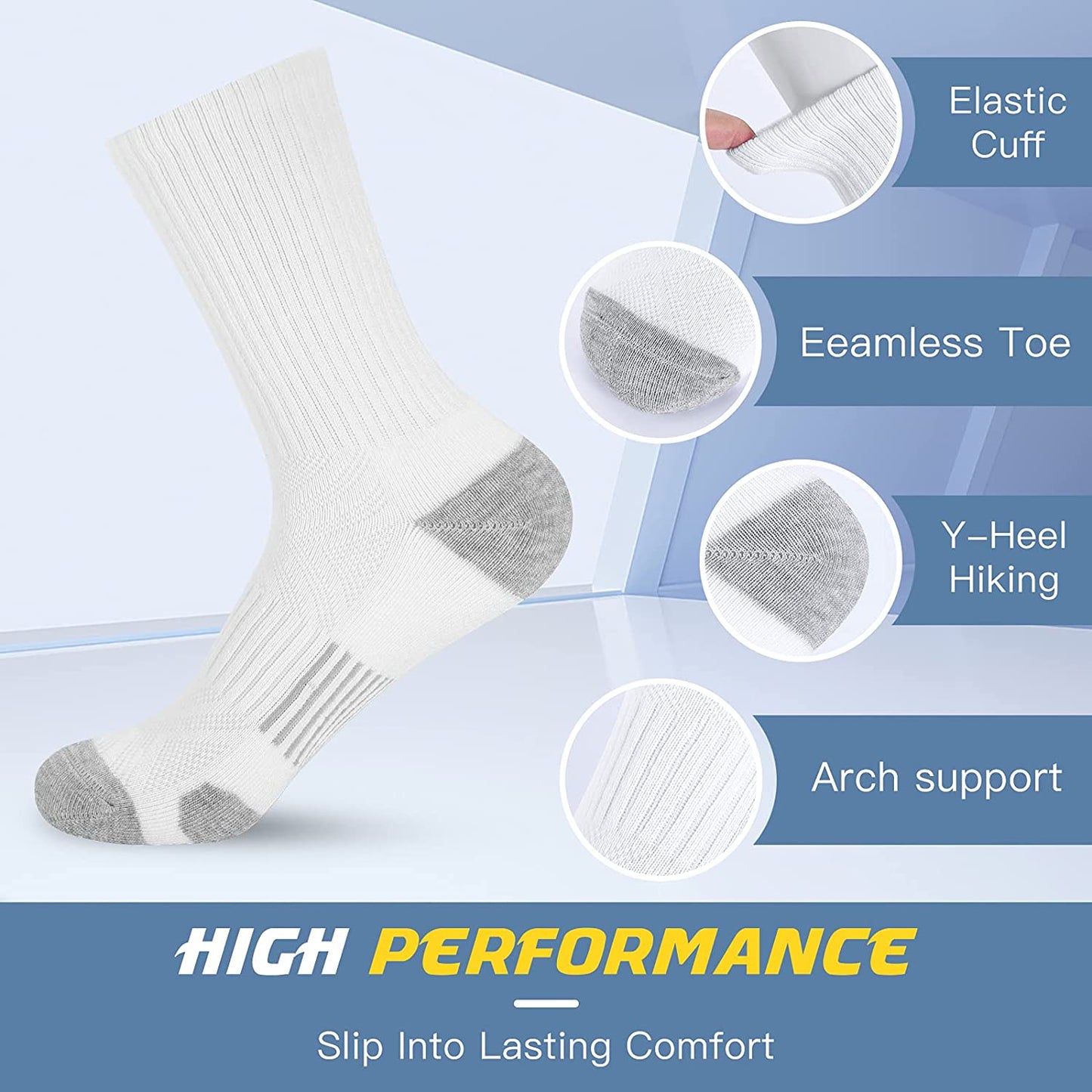 Athletic Socks, Cushioned Running Socks Performance Breathable Crew Socks Wicking Outdoor Sports Socks for Men Women(6 Pairs)