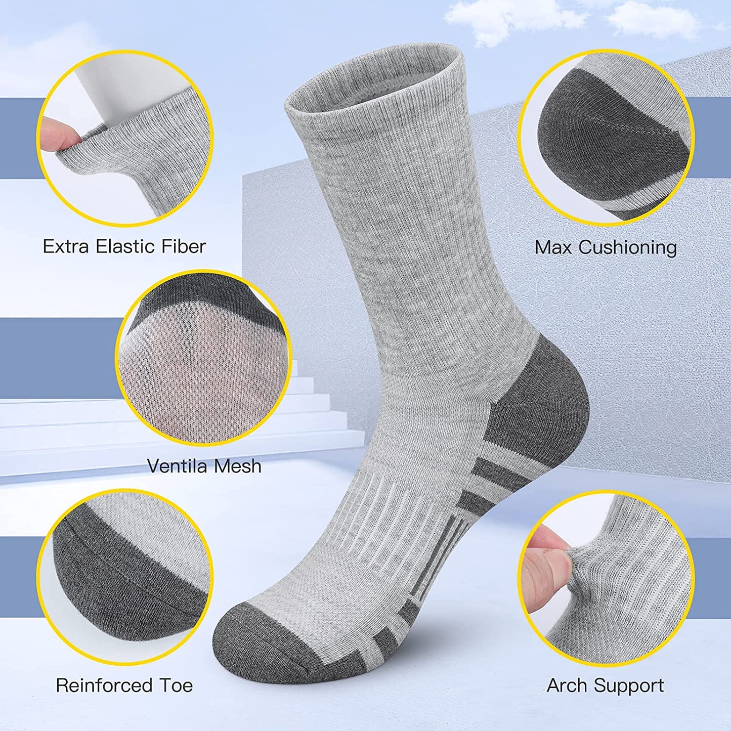 Athletic Socks, Cushioned Running Socks Performance Breathable Crew Socks Wicking Outdoor Sports Socks for Men Women(6 Pairs)