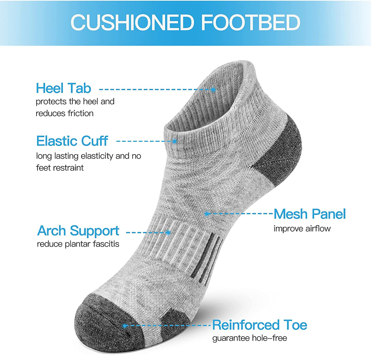 Ankle Athletic Running Socks Cushioned Breathable Low Cut Sports Socks with Tab Arch Support for Men Women (6Pairs)