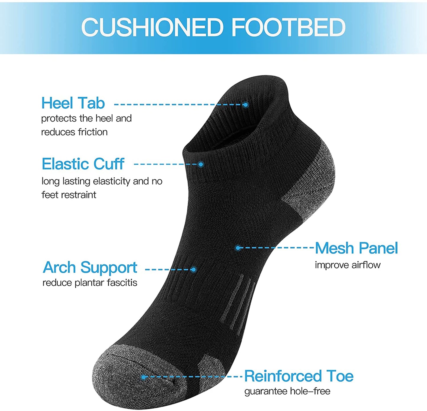 Ankle Athletic Running Socks Cushioned Breathable Low Cut Sports Socks with Tab Arch Support for Men Women (6Pairs)