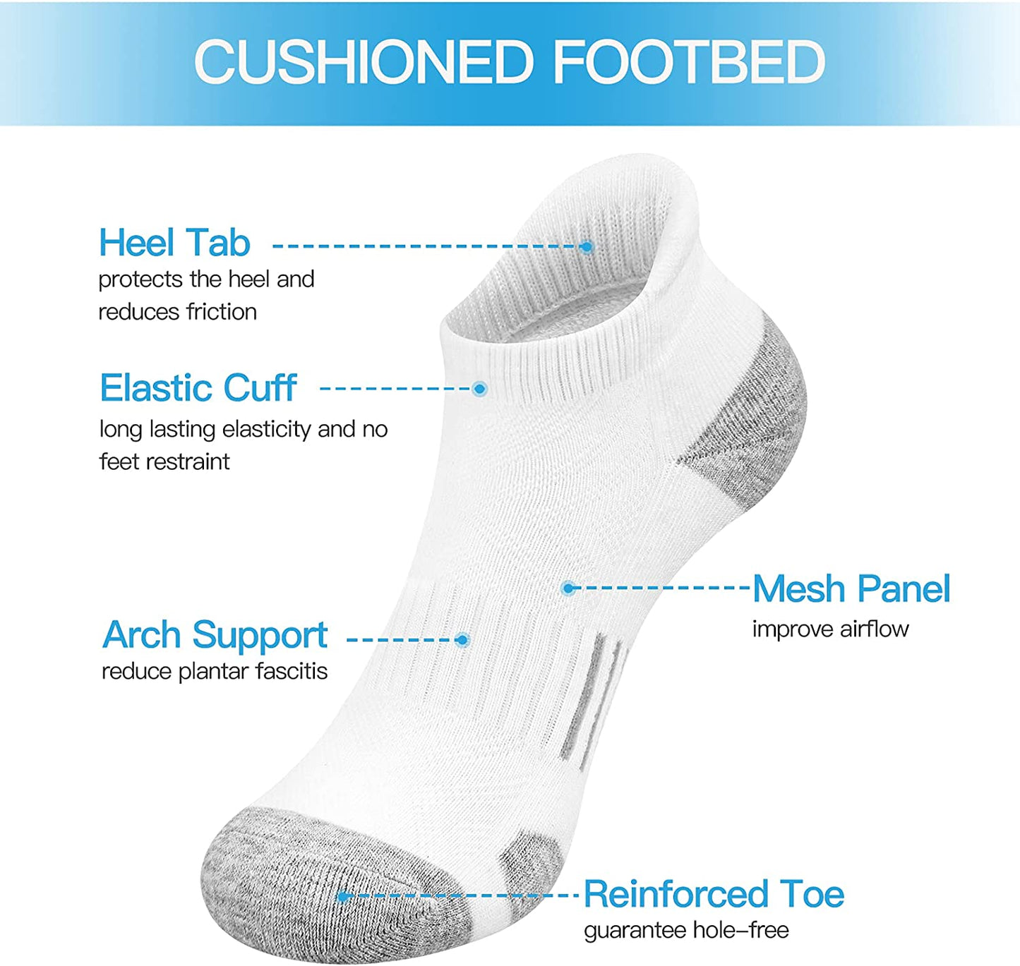 Ankle Athletic Running Socks Cushioned Breathable Low Cut Sports Socks with Tab Arch Support for Men Women (6Pairs)